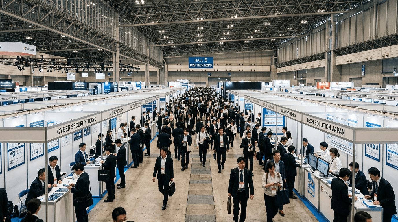 Crowded aisles inside a large Japanese exhibition hall during a B2B trade show